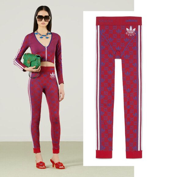 GUCCI PANTS RED GG LOGO TREFOIL JACQUARD JERSEY LEGGINGS sz L LARGE